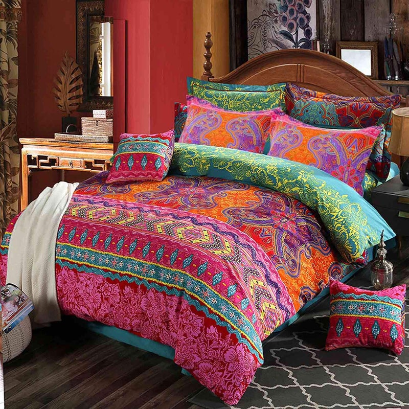 NANKO Queen Duvet Cover Set Boho Red and Green Colorful Vintage Striped Print 3pc 90 x 90 Luxury Soft Microfiber Down Comforter Quilt Bedding Cover with Zipper Ties - Bohemian Exotic for Men and Women - Image 1